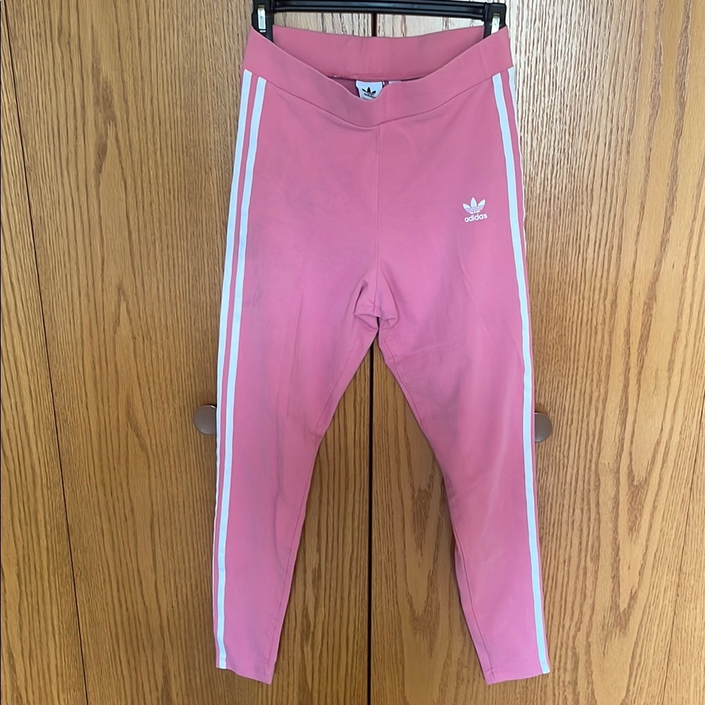 Adidas Pink and White Leggings with Classic Stripes, M Size
